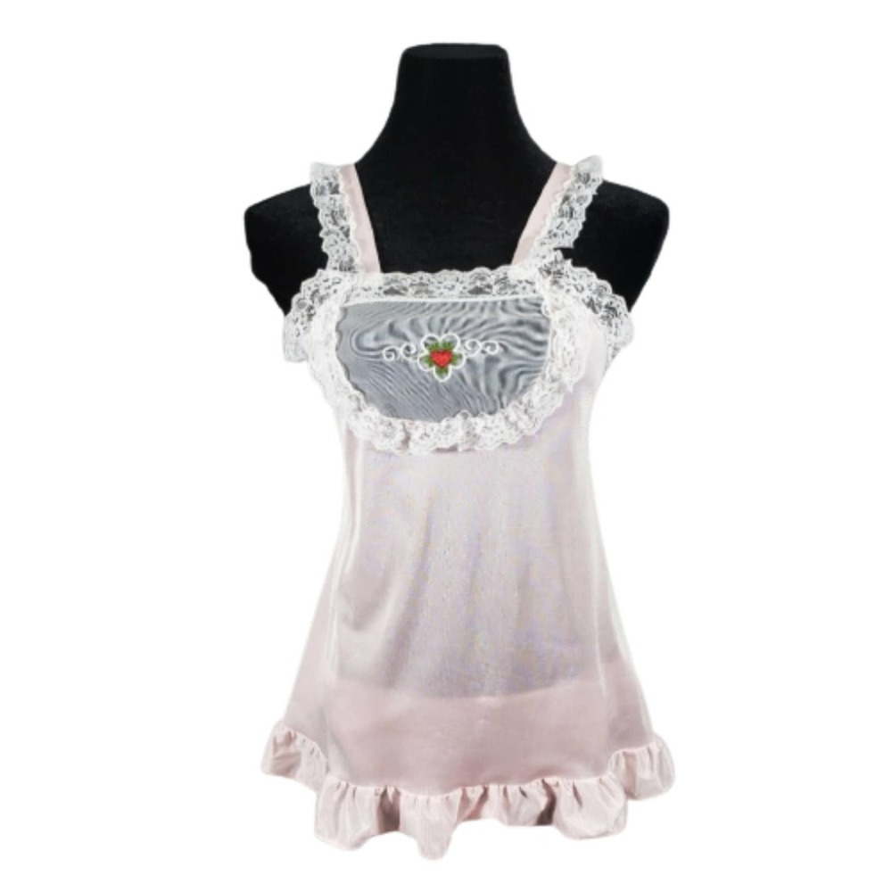 VINTAGE Babydoll Pink PJs Heart Lace Lingerie Camisole Set Pinup Sz M